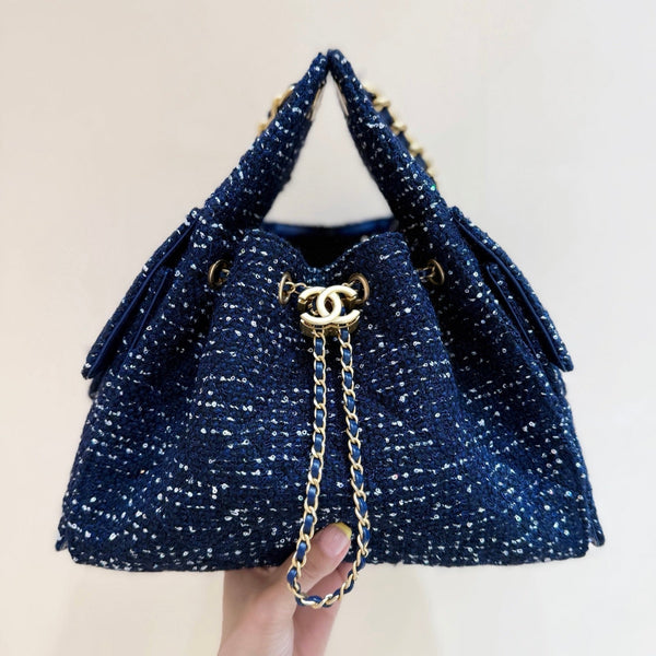 Borsa Hobo CC 25s 30cm in tweed di lana blu scuro