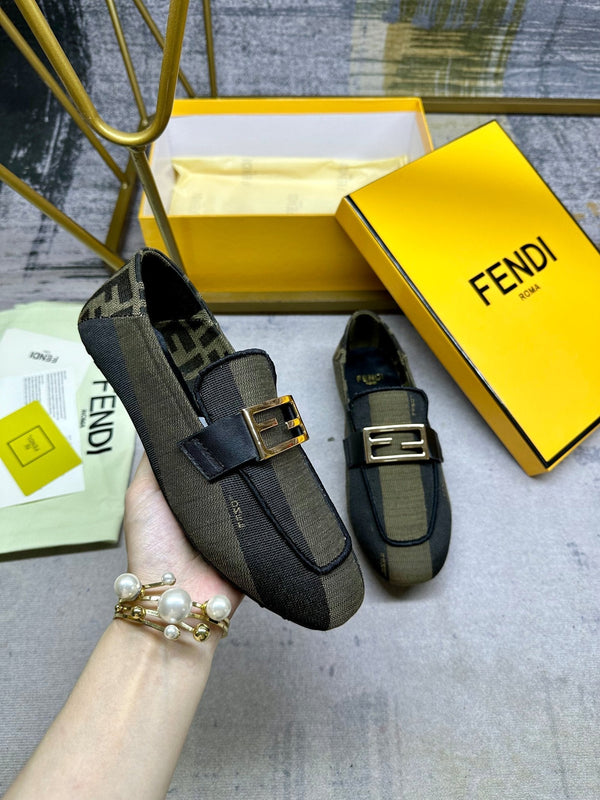 FENDI BAGUETTE LOAFERS IN OLIVE GREEN MIX BLACK CANVAS GOLD HARDWARE
