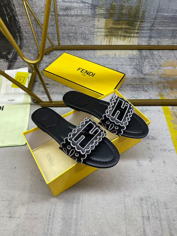 FF Baguette Slides Embroidered Black Nappa Leather 826561