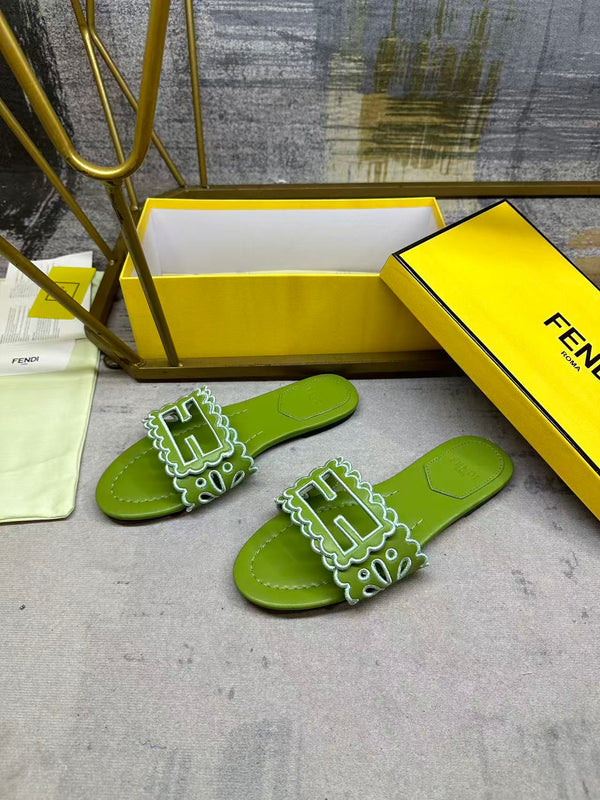 FF Baguette Slides Embroidered Green Nappa Leather 826566