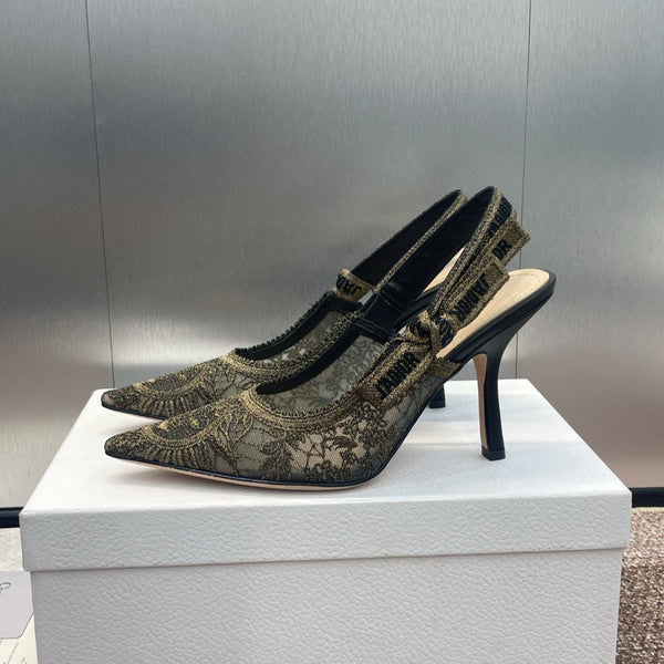 cd slingback pump 95 rete trasparente motivo sole nero ricamato