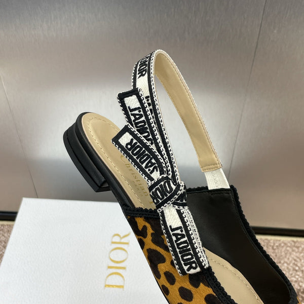 CD J'Adior Slingback Flat Leopard Print Yellow Black Nubuck Leather