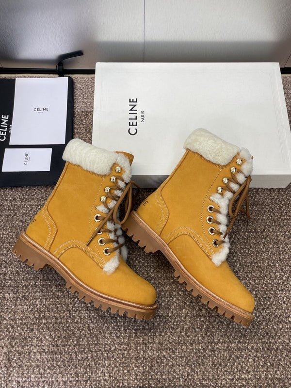 CELINE Ankle Boots Yellow White Suede Lambswool 433388