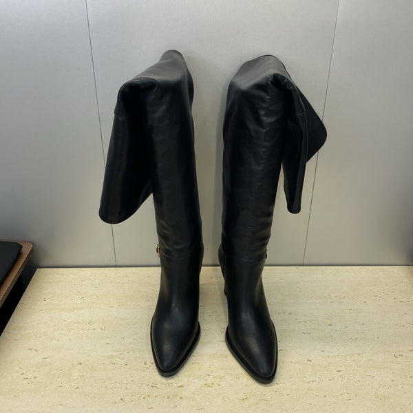 YSL 2025 High-Heeled Pointed-Toe Knee-High Rider Boot Black Calfskin 574018