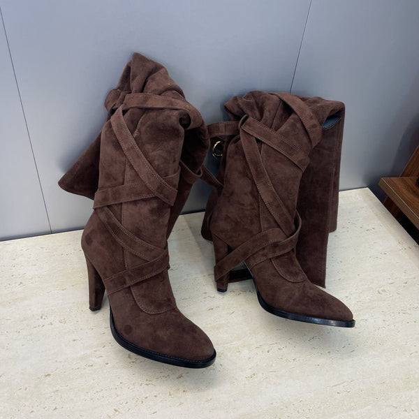 YSL Janis Long Boots 95mm Coffee Suede 551941