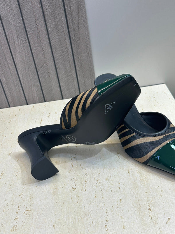 CC Square Toe Color-Blocked Mule 9cm Teal Green Horsehair Patent Leather 830460