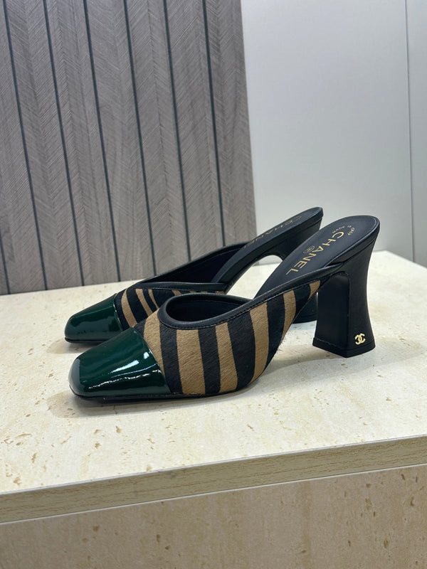 CC Square Toe Color-Blocked Mule 9cm Teal Green Horsehair Patent Leather 830460