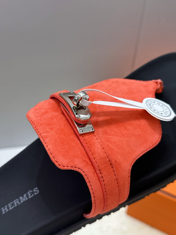 HM 26S Empire Sandal In Coral Orange Suede Silver Hardware