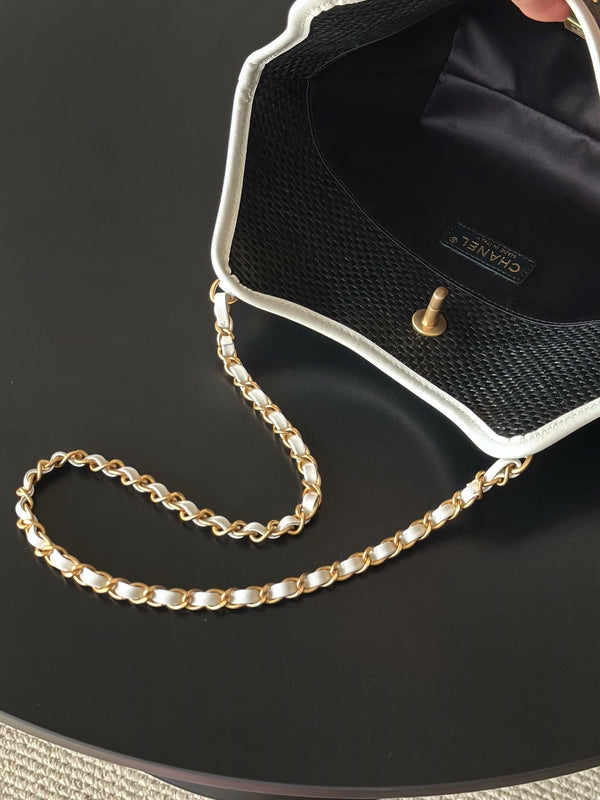 Chanel 2025 Maxi Hobo Bag 31cm Black mix White Straw Leather 320857