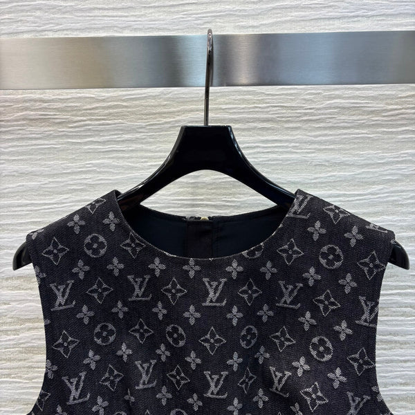 LV 25 Logo Jacquard Sleeveless Denim Straight Dress Black Cotton