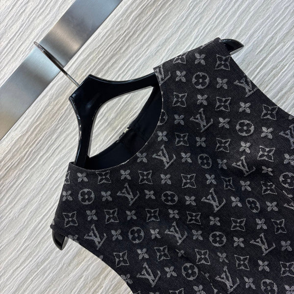 LV 25 Logo Jacquard Sleeveless Denim Straight Dress Black Cotton