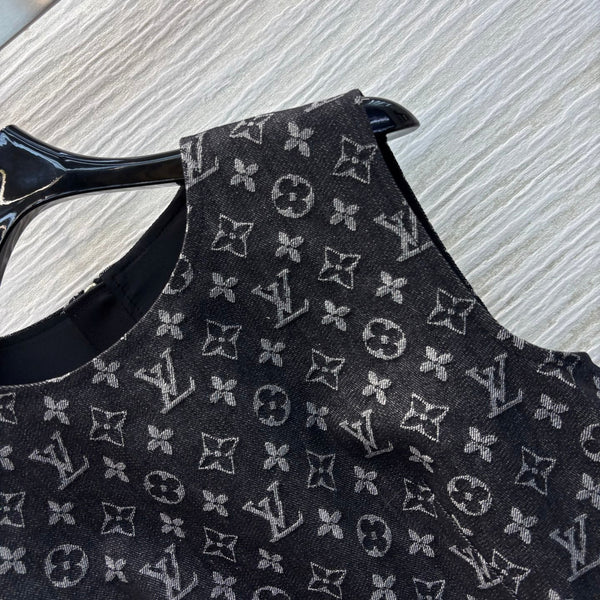 LV 25 Logo Jacquard Sleeveless Denim Straight Dress Black Cotton