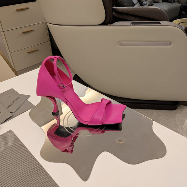 OPEN-TOE CURVED HIGH HEEL SANDALS IN DEEP PINK SMOOTH CALFSKIN