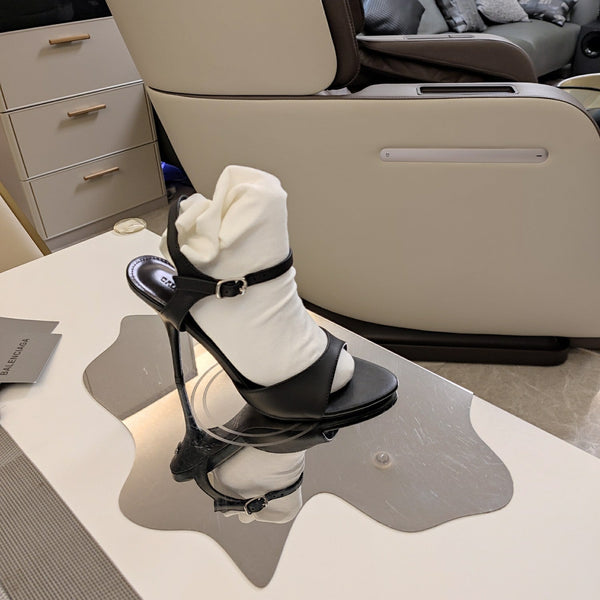 OPEN TOE STRAPPY HIGH HEEL IN BLACK CALFSKIN