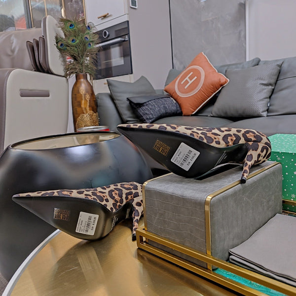 HIGH PUMPS IN BEIGE LEOPARD PRINT SUEDE