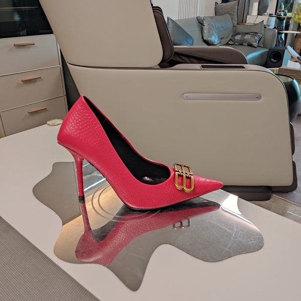 POINTED BB GOLD BUCKLE HIGH PUMPS IN RED CROCODILE PATTERN CALFSKIN