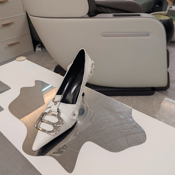 HIGH PUMPS WITH B SILVER BUCKLE IN WHITE CROCODILE PATTERN CALFSKIN