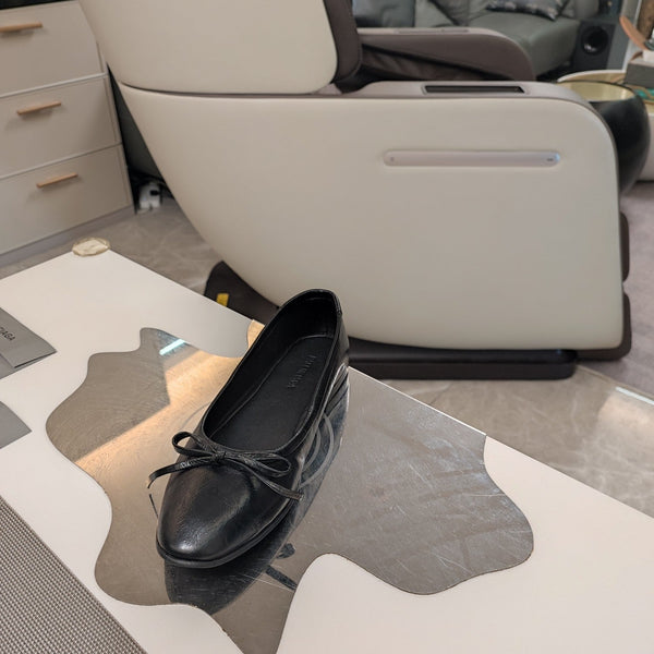 BALLERINE CON STRASS E FIOCCO IN PELLE DI MONTONE NERA CERA-OLIATA