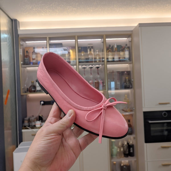 BALLERINE CON STRASS E FIOCCO IN PELLE DI MONTONE OLIO-CERA ROSA MARE