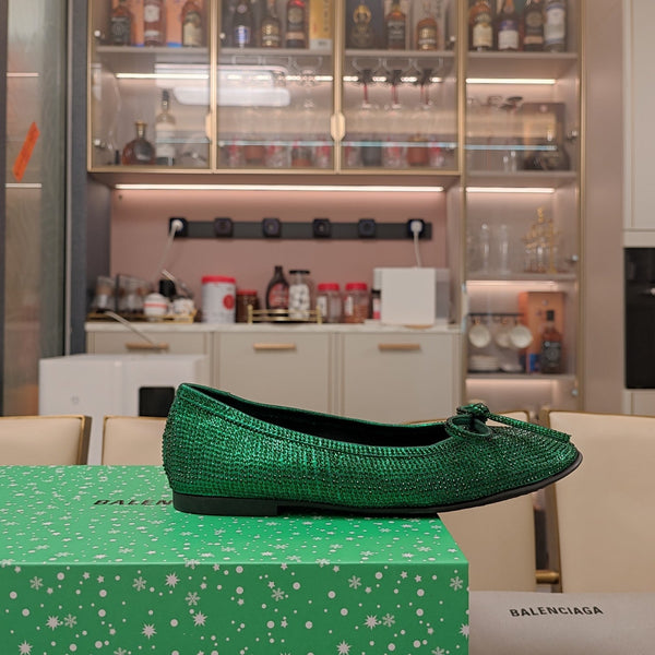 RHINESTONE BALLET FLATS WITH BOW IN FUN GREEN SHEEPSKIN