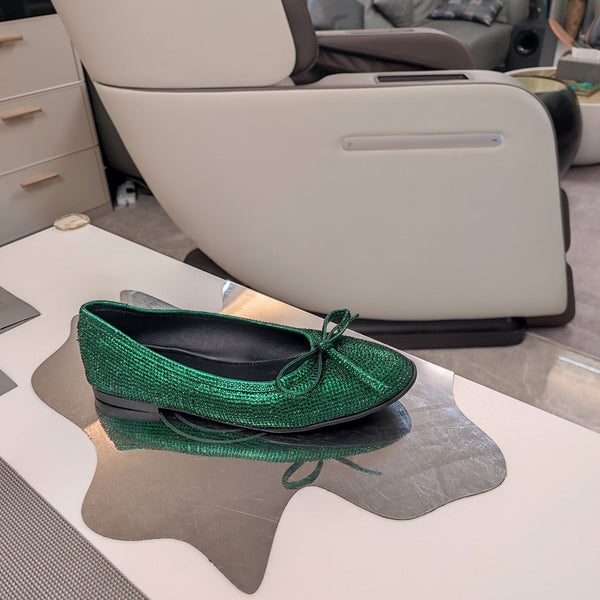 Balen 25 bow ballet flat attached rhinestones in green calfskin 184483