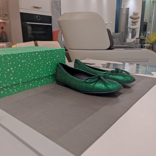 Balen 25 bow ballet flat attached rhinestones in green calfskin 184483