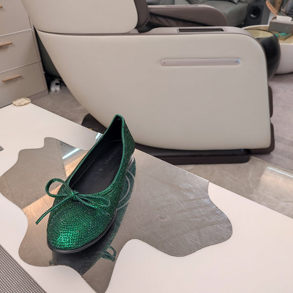 RHINESTONE BALLET FLATS WITH BOW IN FUN GREEN SHEEPSKIN