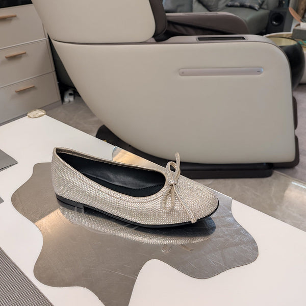 Balen 25 bow ballet flat attached rhinestones in gold metallic calfskin 184485