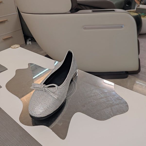 Balen 25 bow ballet flat attached rhinestones in silver metallic calfskin 184486