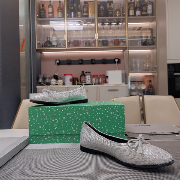 Balen 25 bow ballet flat attached rhinestones in silver metallic calfskin 184486