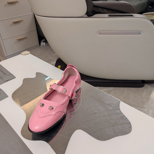 STUDDED MARY JANE FLATS IN SEA PINK SHINY LAMBSKIN