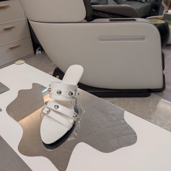 STRAPPY HIGH-HEELED SANDALS IN WHITE STUDDED WAX-OIL SHEEPSKIN