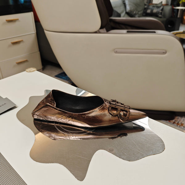 BALLERINE A PUNTA IN PELLE DI MONTONE SCREPOLATA LUCIDA COLOR CIOCCOLATO