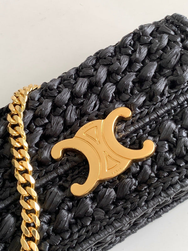CL Triomphe 20cm Black Raffia Gold Hardware