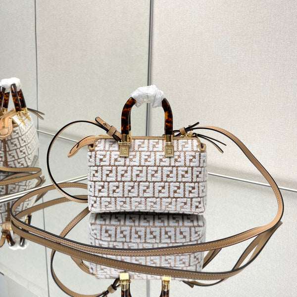 BY THE WAY MINI 21 IN WHITE WOOL AND CAMEL BROWN RAFFIA CALFSKIN TRIM