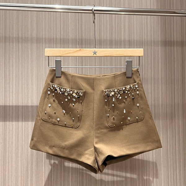 YSL Rhinestone Double Pocket Suit Shorts Light Beige Wool Polyester Rayon