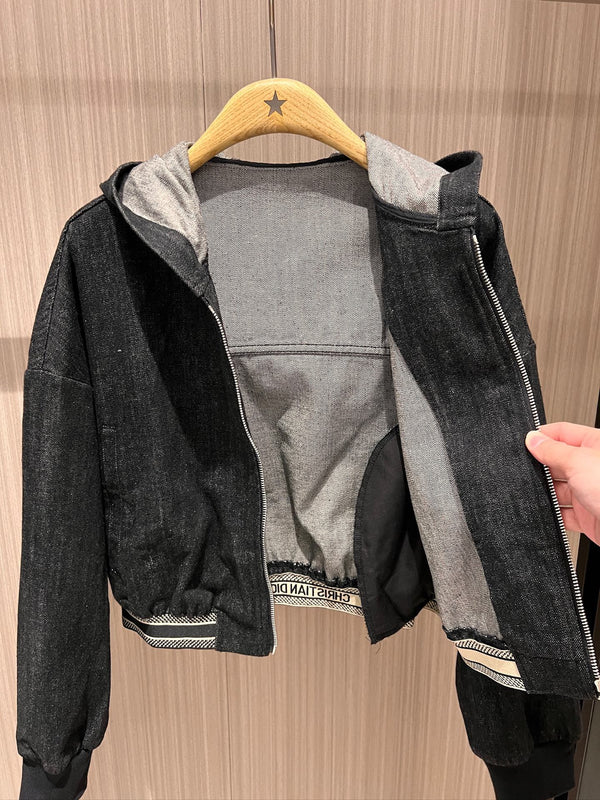 CD Hooded Waistband Denim Jacket Black mix Gray Cotton