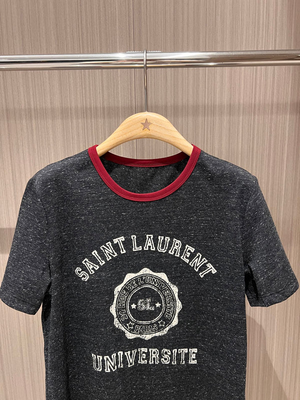 YSL Red Collar Logo Badge T-shirt Gray Cotton