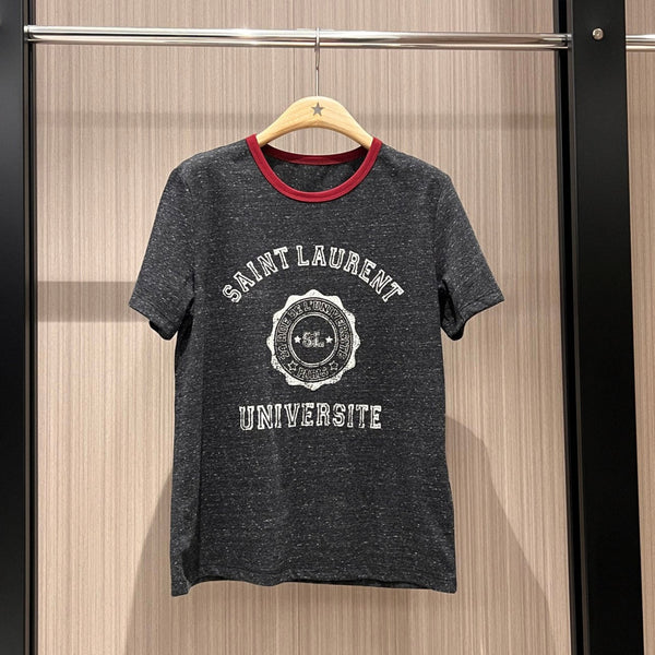 YSL Red Collar Logo Badge T-shirt Gray Cotton