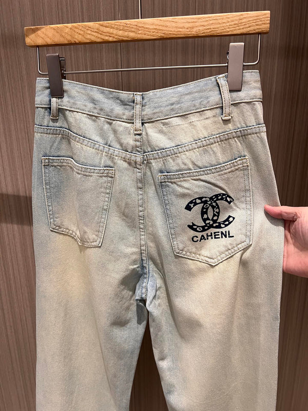 CC Double C Printed Ripped Jeans Retro Light Blue Cotton