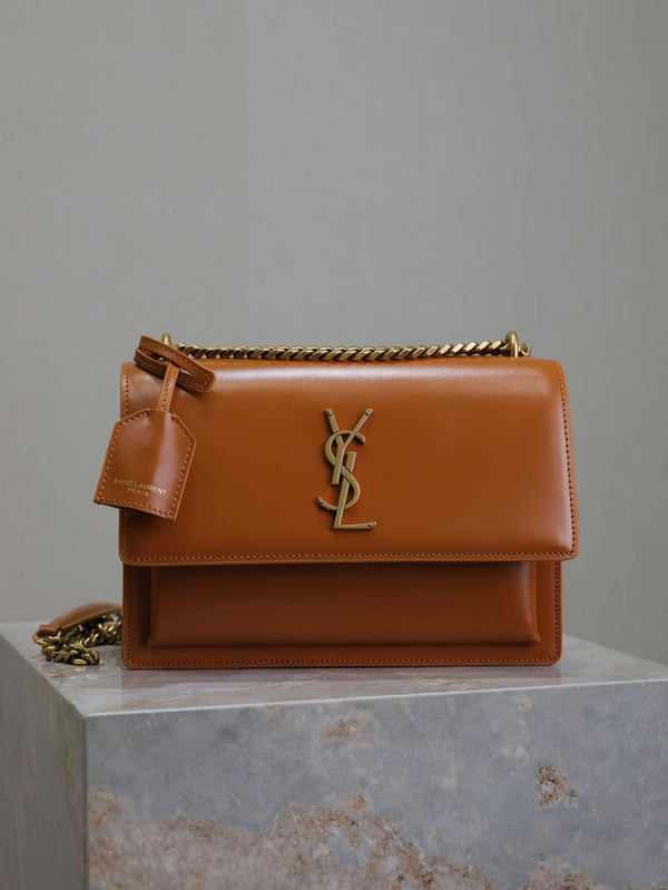 YSL Medium Sunset Shoulder Bag 22cm Brown Cowhide