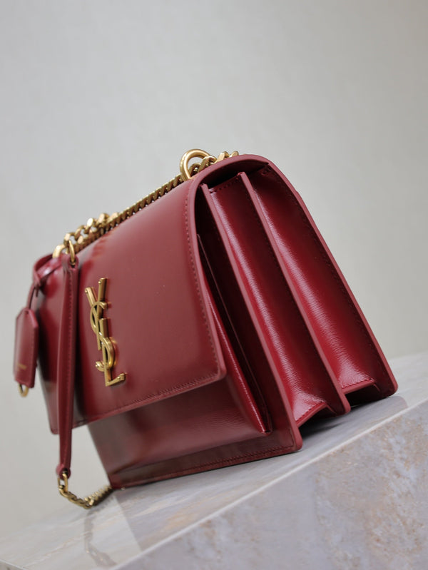 YSL Medium Sunset Shoulder Bag 22cm Burgundy Cowhide GHW