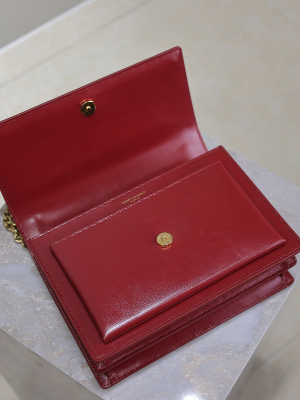 YSL Medium Sunset Shoulder Bag 22cm Burgundy Cowhide GHW
