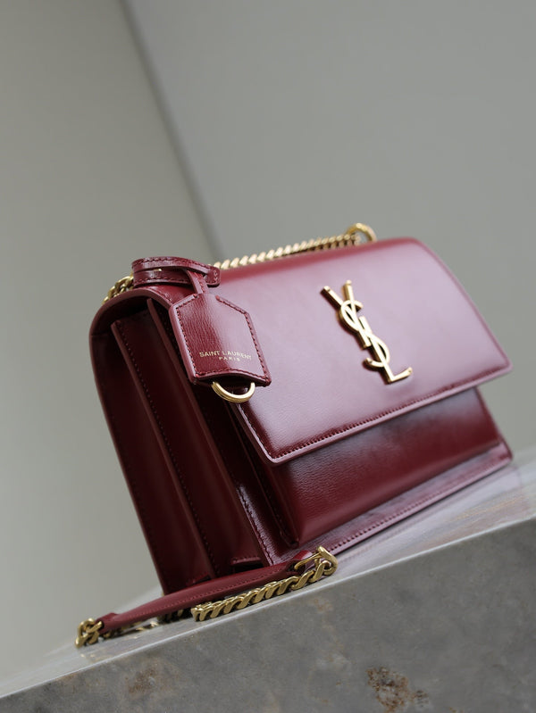YSL Medium Sunset Shoulder Bag 22cm Burgundy Cowhide GHW