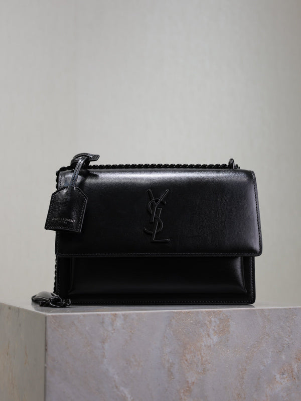 YSL Medium Sunset Shoulder Bag 22cm Black Cowhide Black HW