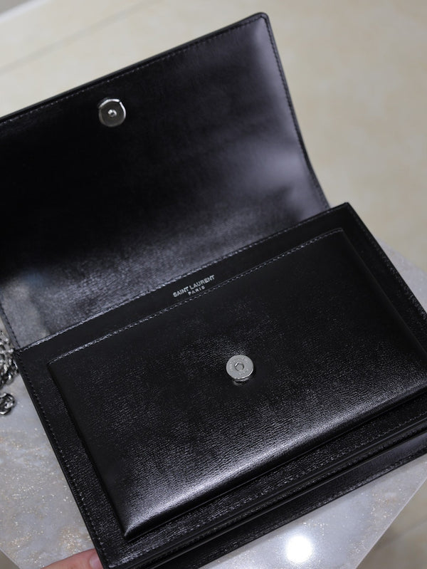 YSL Medium Sunset Shoulder Bag 22cm Black Cowhide Sliver HW