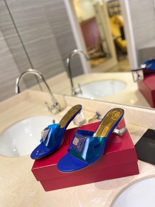 HIGH MULE 60MM IN COBALT BLUE SHEEPSKIN AND TRANSPARENT PVC