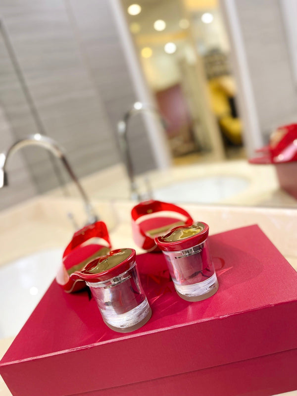 HIGH MULE 60MM IN CHERRY RED SHEEPSKIN AND TRANSPARENT PVC