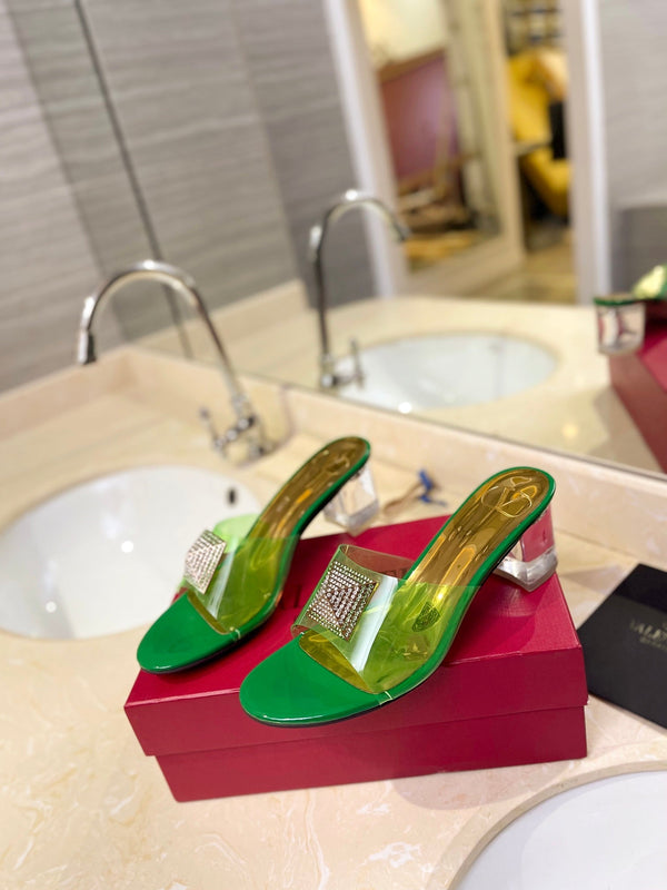 HIGH MULE 60MM IN SHAMROCK GREEN SHEEPSKIN AND TRANSPARENT PVC