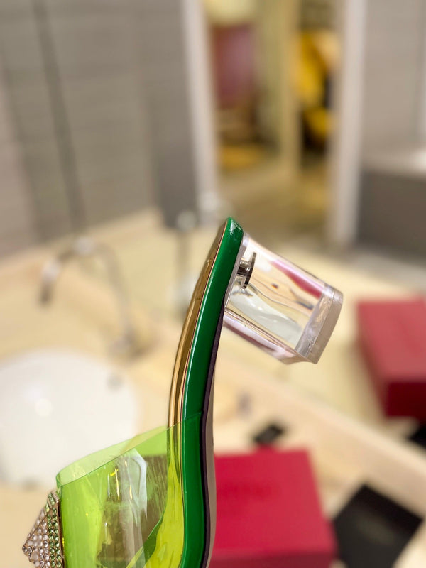 HIGH MULE 60MM IN SHAMROCK GREEN SHEEPSKIN AND TRANSPARENT PVC